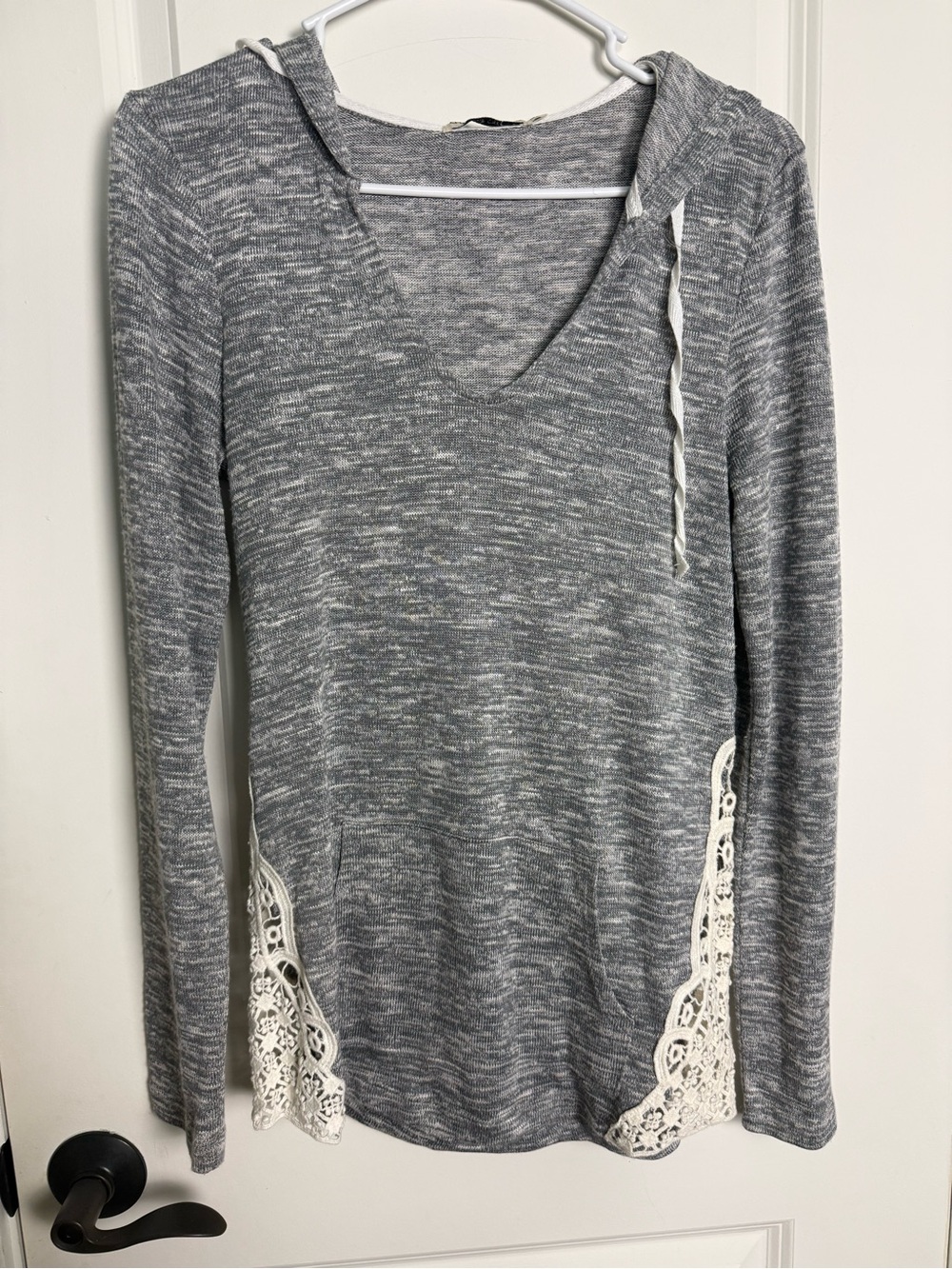 Chance or Fate Grey V-Neck Hooded Sweater with Cream Lace Trim